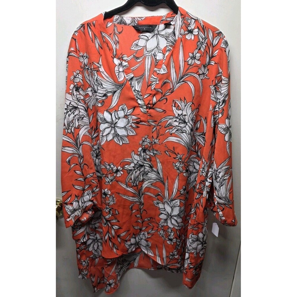 Investments II Women's Plus Size 2X Blouse Coral Peach Floral V-Neck